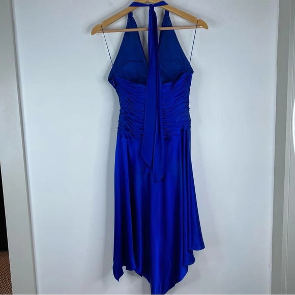 Vintage Cache Silk Dress Halter Scarf Hem Y2K Fairy Retro Ruched Prom Cerulean - Picture 5 of 13